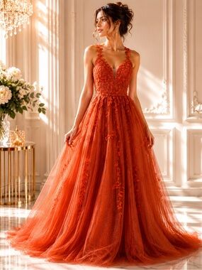 Rust Orange Lace Tulle Formal Gown Medium Open Back Prom Dress
